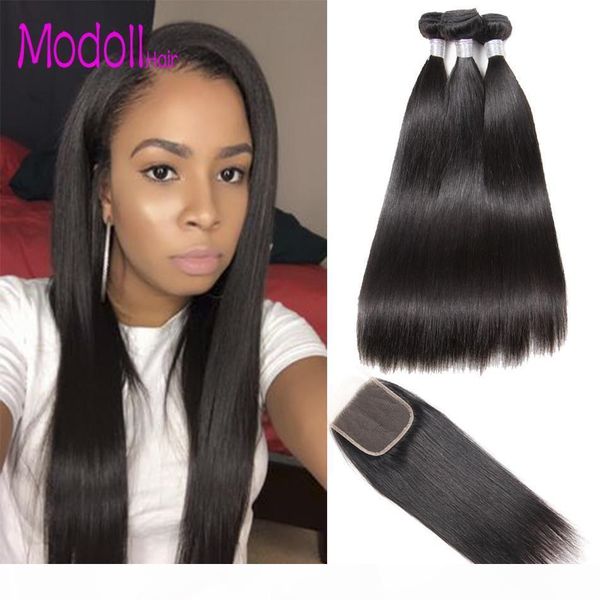 

straight human hair bundles with closure brazilian unprocessed virgin hair 3 4 bundles with closures 10a grade straight human hair weave, Black;brown