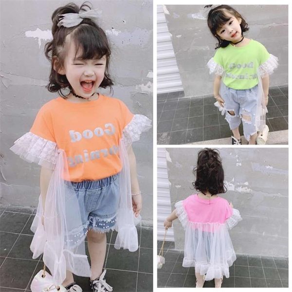 

girls baby cute short sleeve tees summer new fashion mesh patchwork letter print princess t-shirts children 2-8y ws542 y200704, Blue