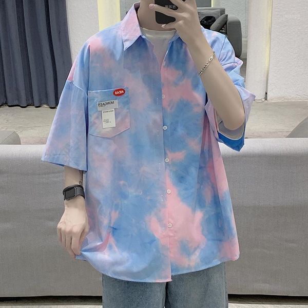 

tie-dye short-sleeved shirt men's summer korean version of cec hong kong handsome wild loose half-sleeved casual shirt1, White;black