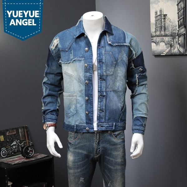 

spring autumn vintage mens spliced denim jacket man casual streetwear hip hop loose fit buttons single breasted biker jean coat c1108, Black;brown