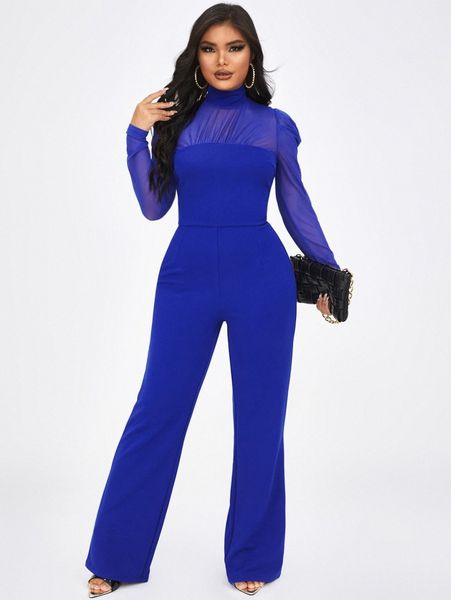 

high neck sheer mesh yoke gigot sleeve jumpsuit d7ny#, White