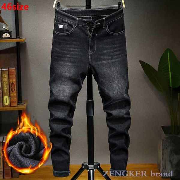 

oversized plus fleece thick jeans black male winter youth loose plus size warm pants high waist male boyfriend jeans, Blue