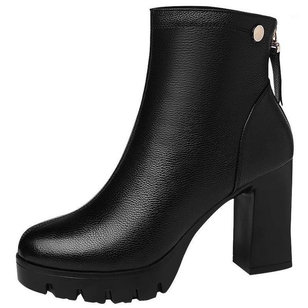 

women shoes boots genuine leather casual square heeled short boots winter new high heels platform ladies footwear m00291, Black