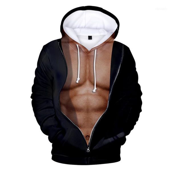 

muscle hoodies long sleeve mens cool fake pectorales 3d printing cosplay streetwear man tee hoodies abdominal male11, Black