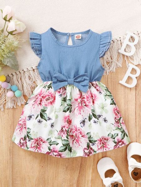 

baby floral print butterfly sleeve bow front dress she, Red;yellow