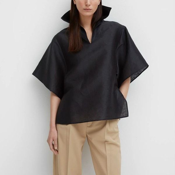 

liry linen silk oversized blouse black v-neck high collar wide sleeves side slits fashion woman 20201, White