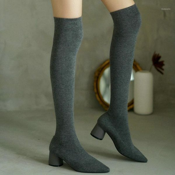 

boots 2021 fashion stretch fabric women over the knee pointed toe round heel ladies autumn winter sock1, Black