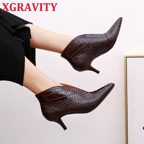 

boots xgravity fashion pointed toe v cut design crocodile pattern ladies elegant snakeskin shoes c326, Black