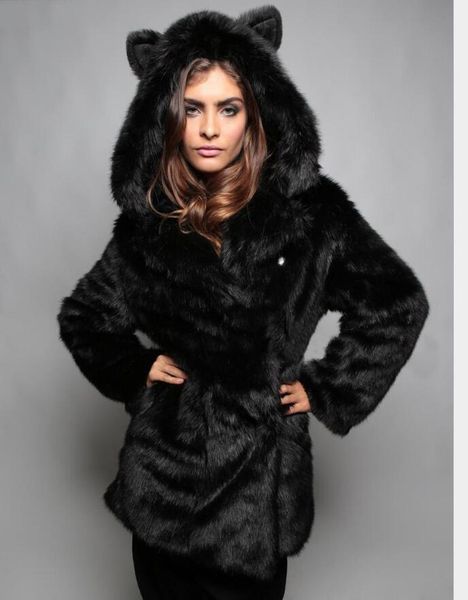 

plus size women's fall/winter european and american new style fox fur hooded ears mid-length ladies faux fur coat, Black