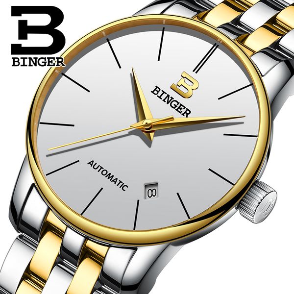 

binger new luxury watch men brand men's ultra thin stainless steel band automatic wristwatch fashion casual watches, Slivery;brown