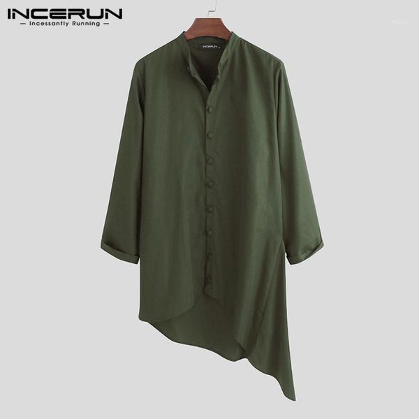 

men's casual shirts men irregular shirt kurtas long sleeve stand collar vintage street solid muslim kaftan incerun plus size1, White;black