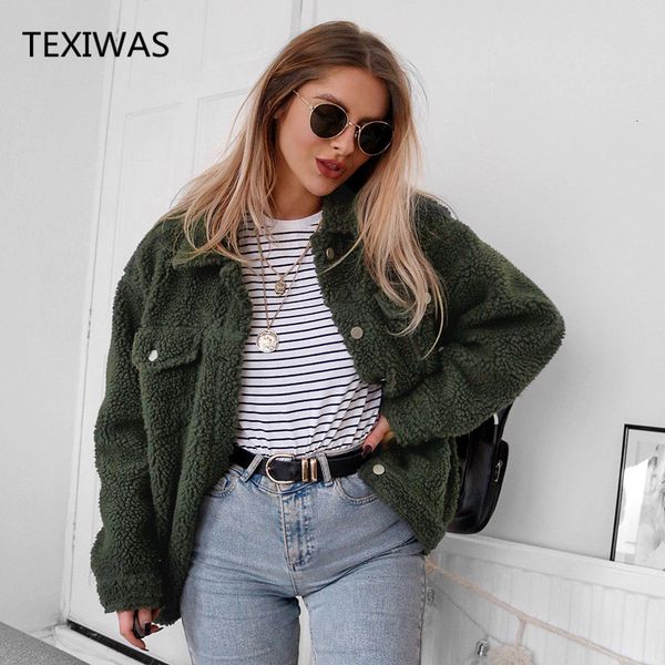 

texiwas winter plush jacket coat thick warm button cardigan lady outwear fur faux fur women cashmere faux lambswool coat, Black