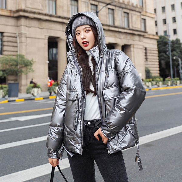 

2020 women winter hooded down jacket shiny casual thicken warm slim solid female down fashion zipper streetwear coats newx1016, Black;brown