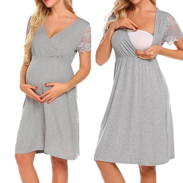 

maternity dresses clothes women's lucky lace short sleeve stitching breastfeeding dress for pregnant women pregnant1, White
