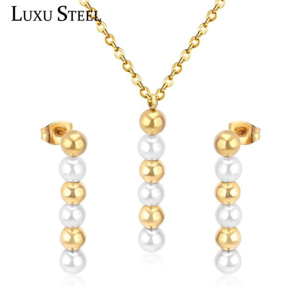 

luxusteel stainless steel imitation pearl pendant necklace earrings brinco gold silver color chains necklace party wedding