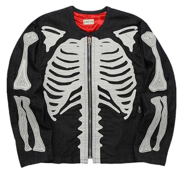 

men's jackets autumn and winter hirata kapital embroidered bone skeleton rib zipper men's denim jacket, Black;brown