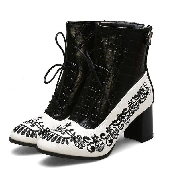 

mstacchi women totem print patchwork cross tied boots ethnic lady stone pattern round toe zipper boots chunky heels martin, Black