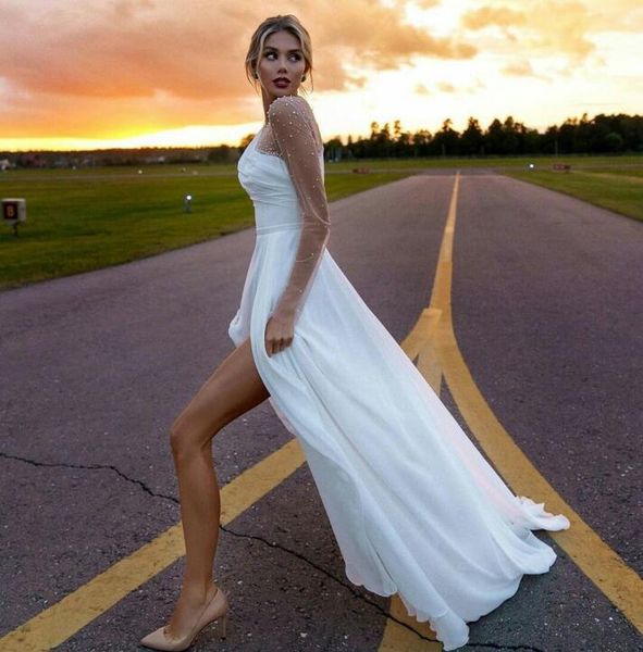 

aline beach wedding dresses jewel neck illusion sleeve high split country bridal dress custom made wedding gowns, White