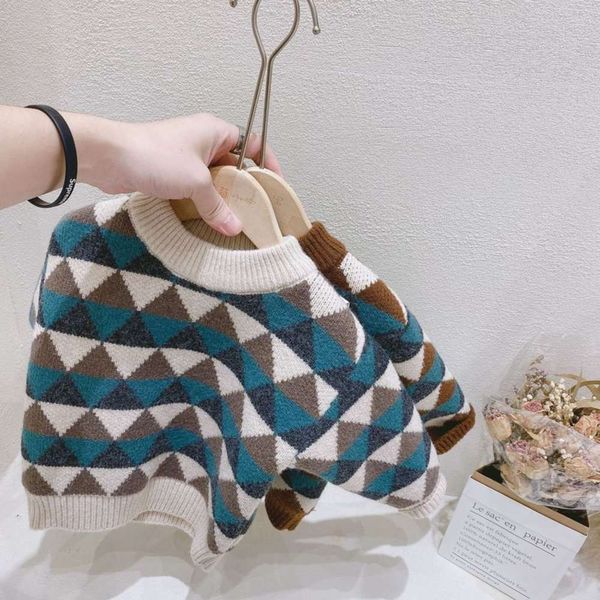 

strawberry xiaobao korean version 2020 winter new children's boys' color matching diamond lattice pullover plush sweater, Blue