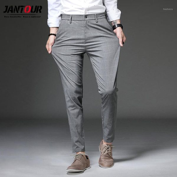 

brand summer thin men pants casual business male trousers man classics plaid straight full pant pantalones hombre spodnie 28-381, Black