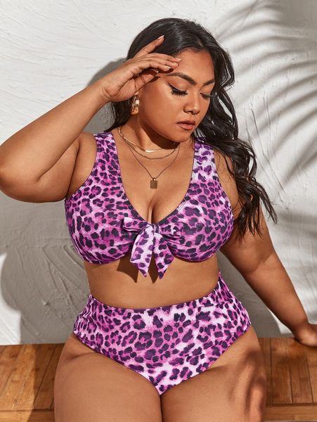 

plus leopard knot front bikini swimsuit q5id#, Black