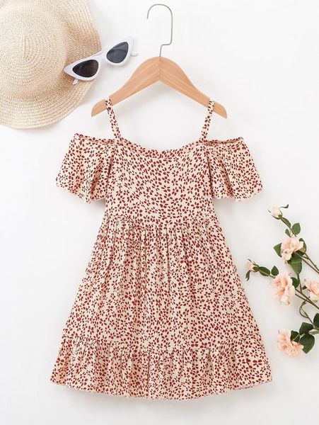 

toddler girls ditsy floral cold shoulder ruffle hem dress she, Red;yellow