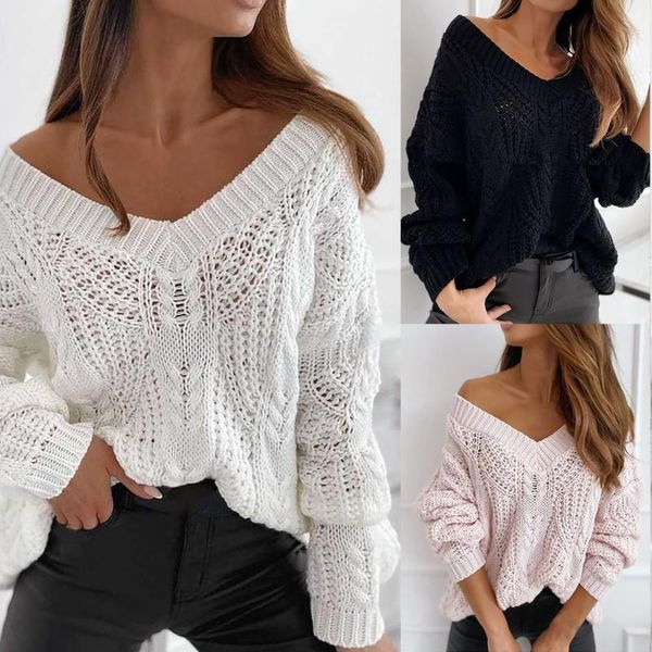 

women's sweaters winter womens knitted sweater lazy temperament loose hollow blouse long-sleeved v-neck jumper solid color, White;black