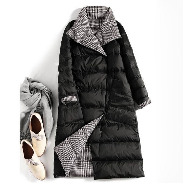 

winter long plus size 5xl womens down jackets ultra light coat thin double sided plaid spring slim puffer jacket ed931 201102, Black