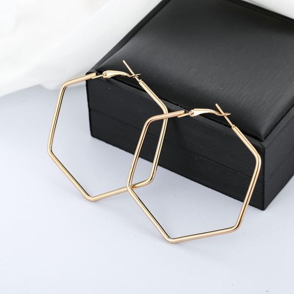 

hoop & huggie alloy geometric shape oversize earrings for women solid gold tone hexagon square round circle brincos, Golden;silver