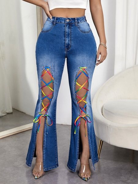 

sxy high waisted lace up front flare leg jeans h6g3#, Blue