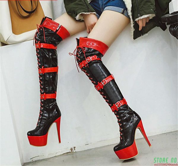 

2020 thigh high boots women thin high heels platform boots mixed colors party prom night club shoes woman, Black