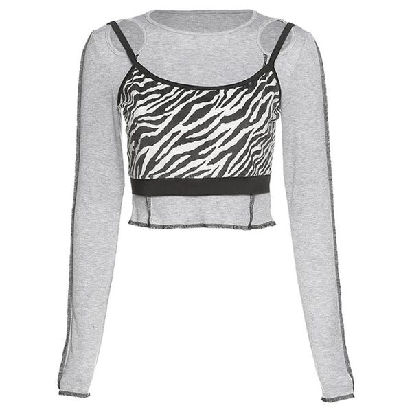 

women fake 2pcs long sleeve t-shirt zebra striped camisole splicing crop top, White