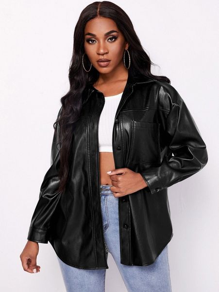 

drop shoulder curved hem pu leather blouse x9fc#, White