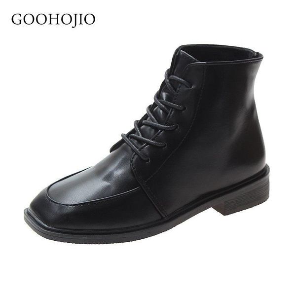 

goohojio 2020 new autumn breathable women's flat boots thick lace-up square heel boots women round toe fashionable women shoes, Black