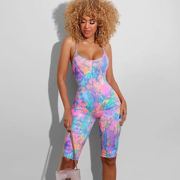 

tie dyeing print backless jumpsuit rompers trousers clubwear 2020 new women sleeveless strap rompers playsuit summer shorts, Black;white