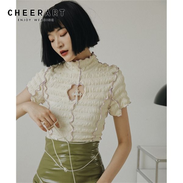 

cheerart summer short sleeve ruffle blouse women turtleneck ladies cut out ruched frilly aesthetic lj200810, White