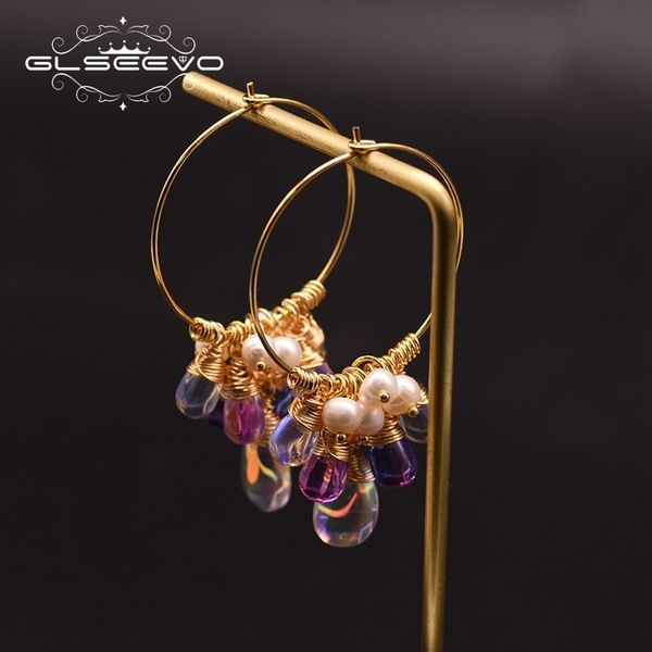 

glseevo original design handmade hoop earrings for women 925 sterling silver fresh water pearl colorful tassel earrings ge0904 200923, Golden;silver