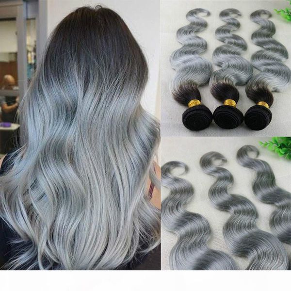 

ombre silver grey body wave hair weaves brazilian human hair extensions remy hair bundles 100gram per piece, Black