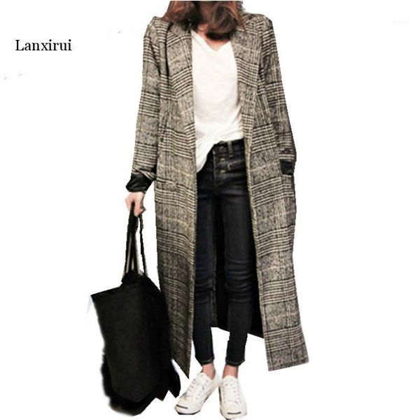 

lanxirui winter runway tweed wool coat women jacket and casual lattice single-breasted long plaid coat abrigo mujer1, Tan;black