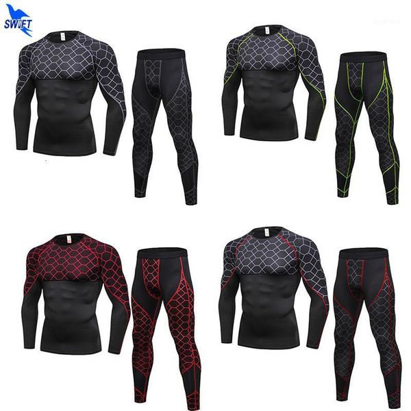 

grid printed quick dry sport suit man 2021 compression running set sportswear shirt+tights 2pcs tracksuits gym fitness rashguard1, Black;blue