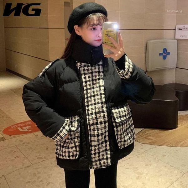 

hg patchwork plaid pockets zipper parka women 2020 winter casual fashion new style temperament all match women clothes dzl20991, Black