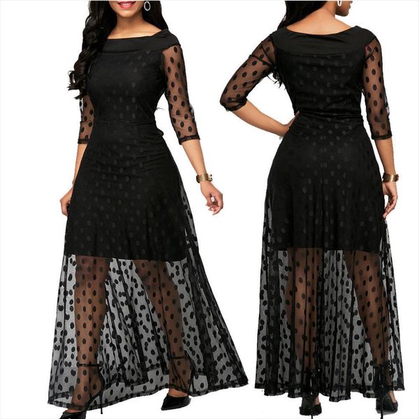 

women see through dots printed o neck elegant lace long dress maxi autumn winter evening party dresses vestidos plus size, Black;gray