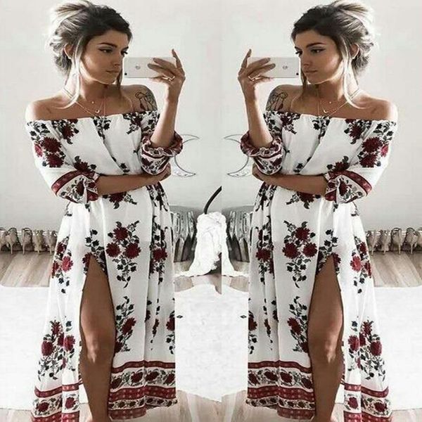 

zej9c shoulder shoulder elastic waist split dress printed dress elastic waist skirt long skirt split long printed iovnk, Black;gray