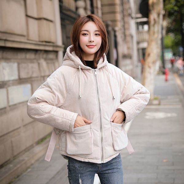 

2021 newwinter corduroy jacket women velvet fabric hooded outwear padded female coat short style jackets thick uqlz, Black;brown