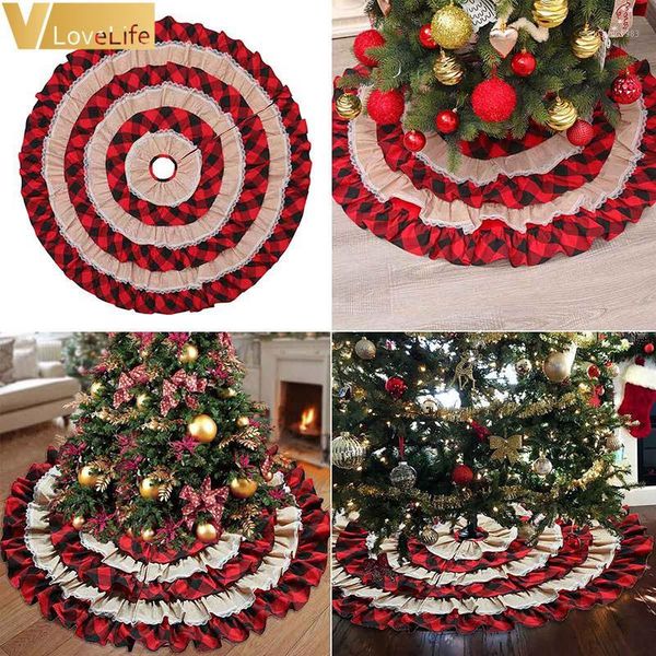 

48 inch christmas tree skirt xmas tree decoration ruffled double layer trim christmas decor red-black plaid1