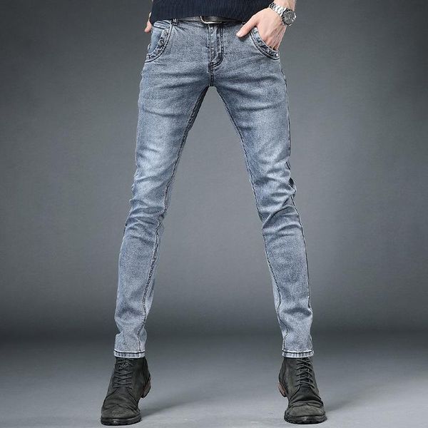 

men stretch jeans business casual regular straight pants streetwear slim fit blue gray denim trousers