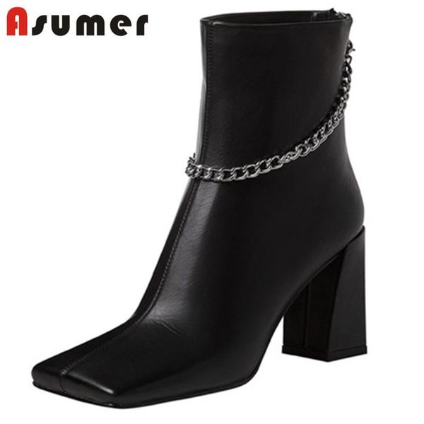 

boots asumer 2021 autumn winter est women genuine leather square toe zip high heel casual shoes fashion ankle, Black