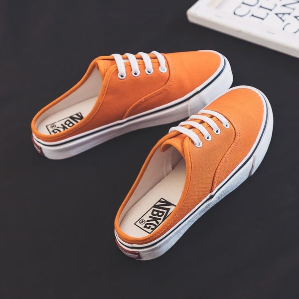 

women half slippers girls canvas shoes semi-slipper candy color orange shoes casual leisure skateboard shoes white sneaker 35-40 y200801, Black