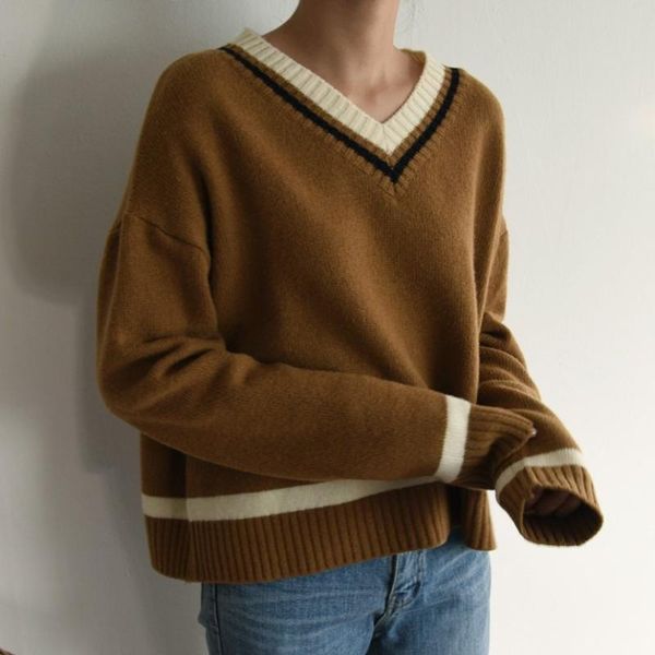 

autumn women knitted sweater long sleeve v neck women warm pullovers casual loose outwear sweaters white gray brown, White;black