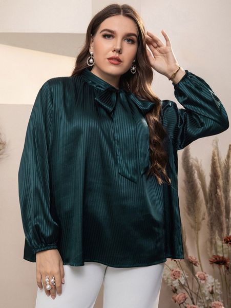 

plus striped jacquard tie neck satin blouse m6b6#, Black